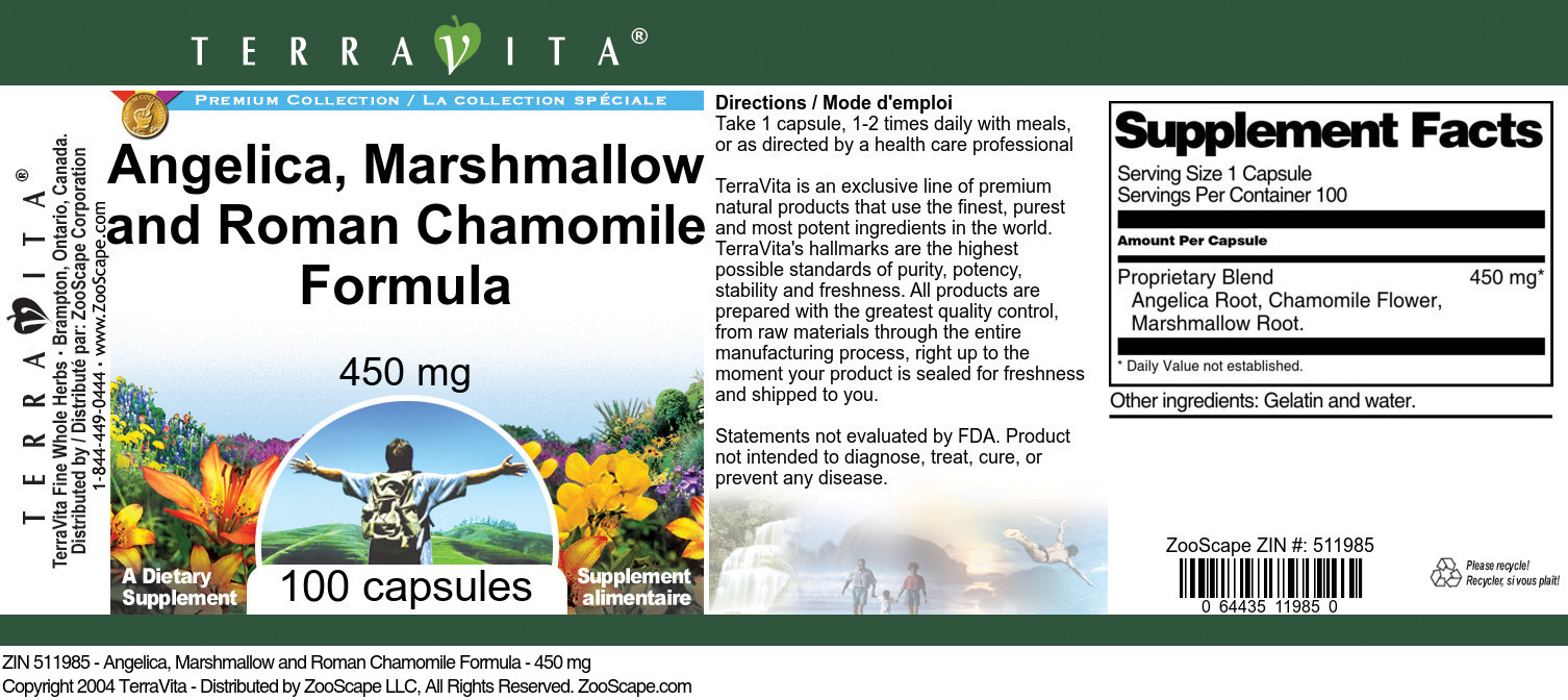 Angelica, Marshmallow and Roman Chamomile Formula - 450 mg - Label