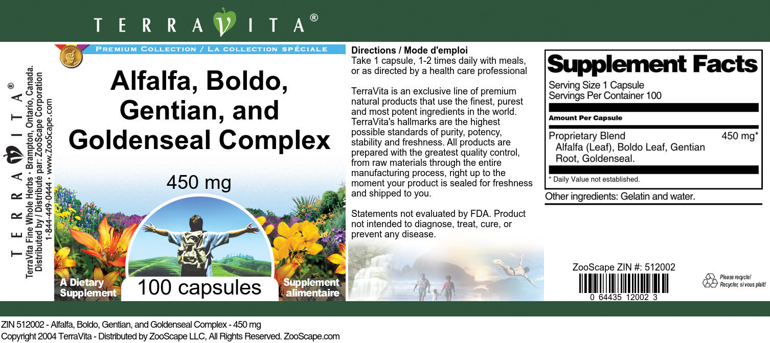 Alfalfa, Boldo, Gentian, and Goldenseal Complex - 450 mg - Label