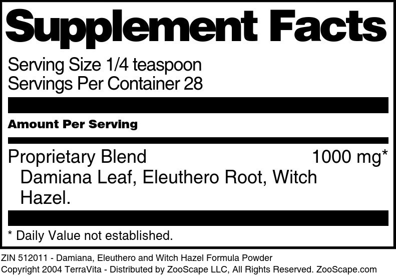 Damiana, Eleuthero and Witch Hazel Formula Powder - Supplement / Nutrition Facts