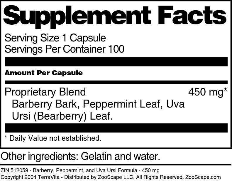 Barberry, Peppermint, and Uva Ursi Formula - 450 mg - Supplement / Nutrition Facts