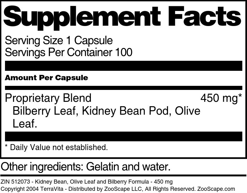 Kidney Bean, Olive Leaf and Bilberry Formula - 450 mg - Supplement / Nutrition Facts