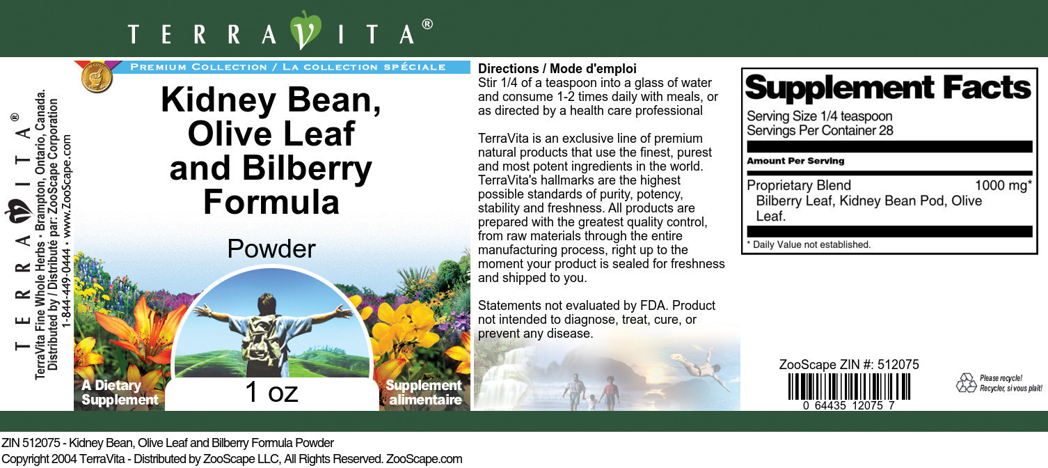 Kidney Bean, Olive Leaf and Bilberry Formula Powder - Label