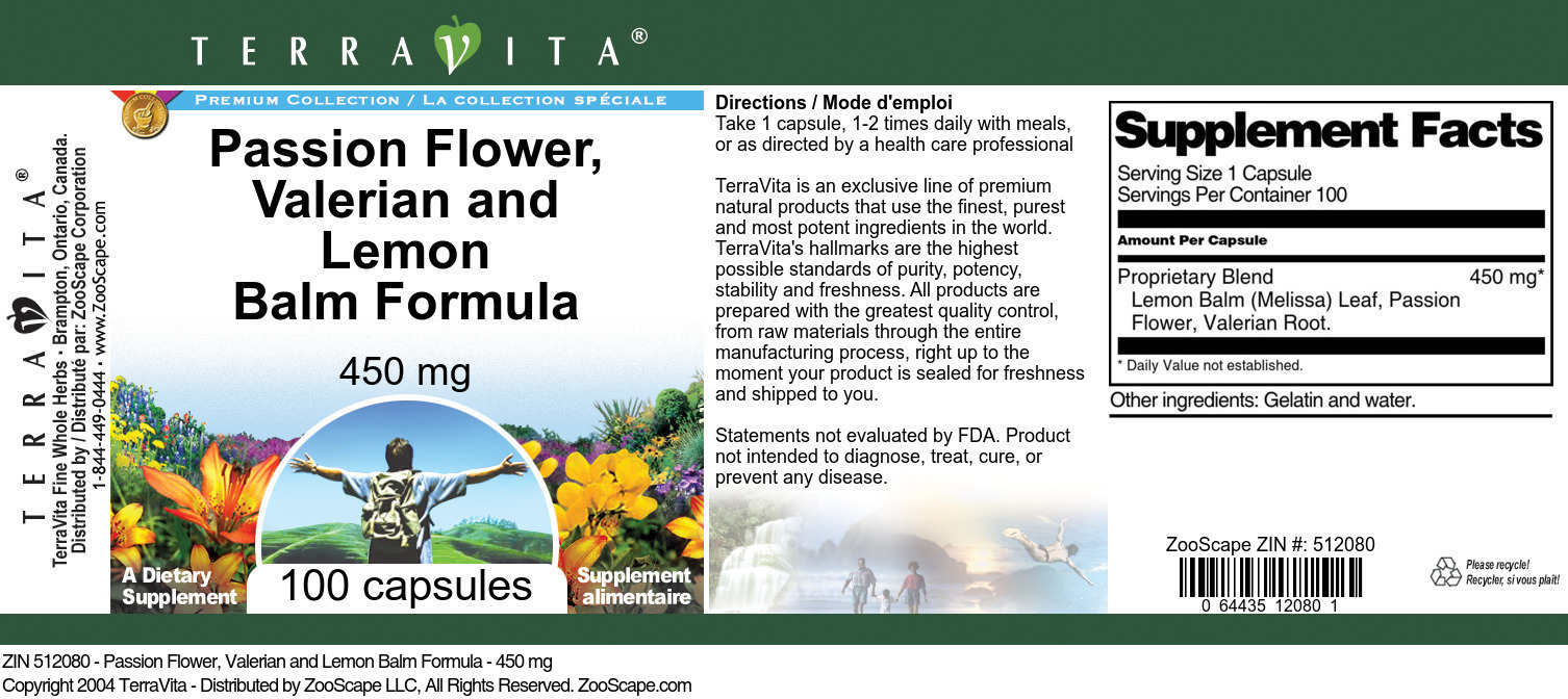 Passion Flower, Valerian and Lemon Balm Formula - 450 mg - Label