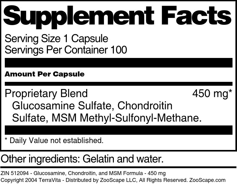 Glucosamine, Chondroitin, and MSM Formula - 450 mg - Supplement / Nutrition Facts