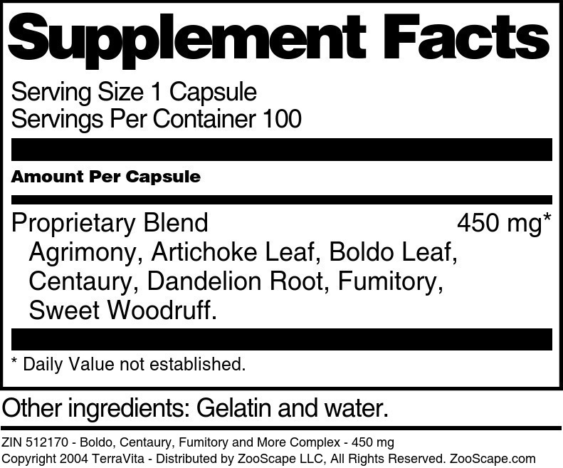 Boldo, Centaury, Fumitory and More Complex - 450 mg - Supplement / Nutrition Facts