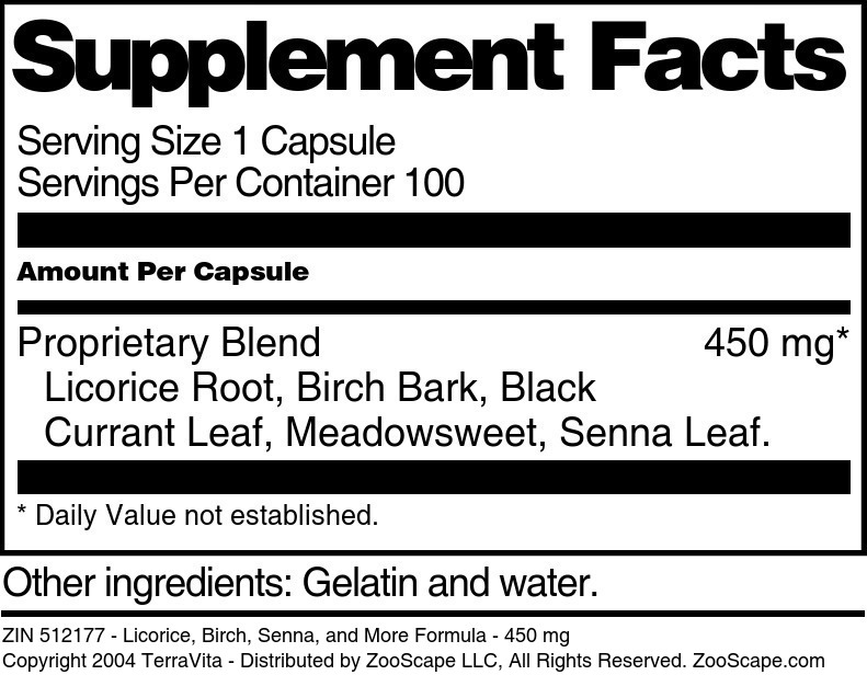 Licorice, Birch, Senna, and More Formula - 450 mg - Supplement / Nutrition Facts