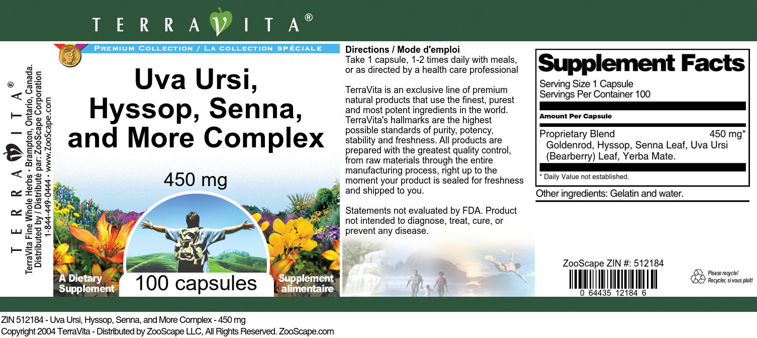 Uva Ursi, Hyssop, Senna, and More Complex - 450 mg - Label