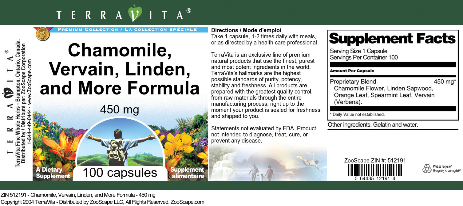 Chamomile, Vervain, Linden, and More Formula - 450 mg - Label