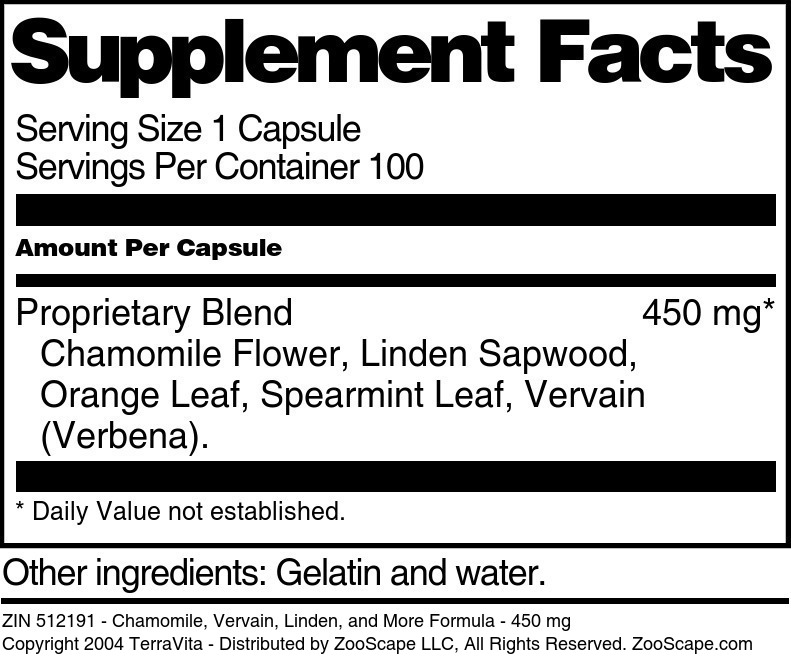 Chamomile, Vervain, Linden, and More Formula - 450 mg - Supplement / Nutrition Facts