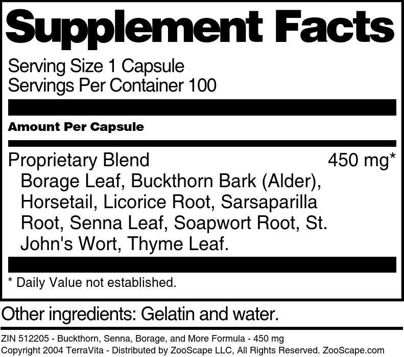 Buckthorn, Senna, Borage, and More Formula - 450 mg - Supplement / Nutrition Facts