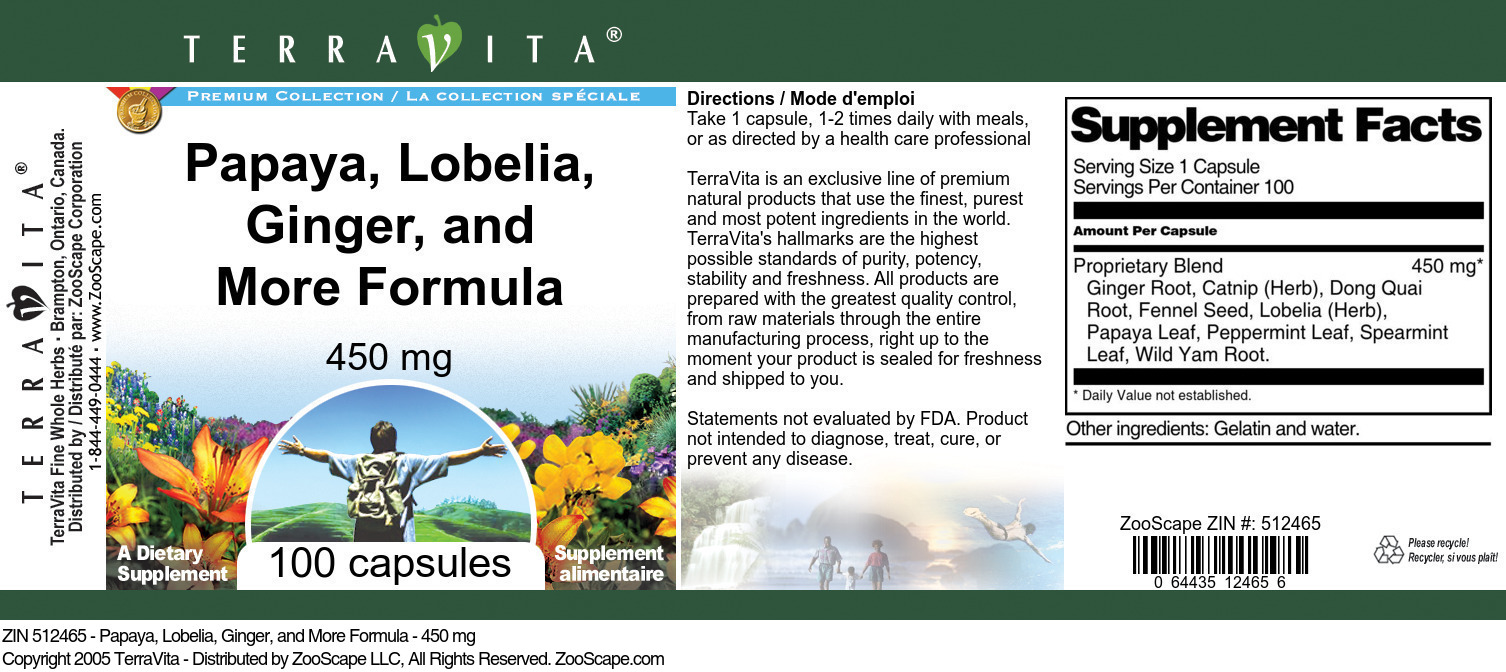 Papaya, Lobelia, Ginger, and More Formula - 450 mg - Label