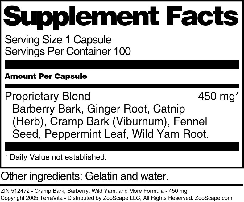 Cramp Bark, Barberry, Wild Yam, and More Formula - 450 mg - Supplement / Nutrition Facts