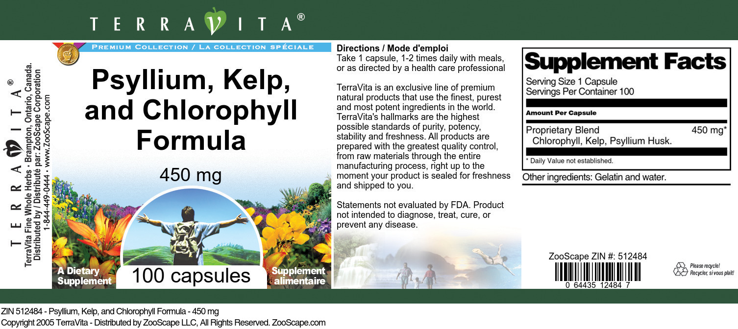 Psyllium, Kelp, and Chlorophyll Formula - 450 mg - Label