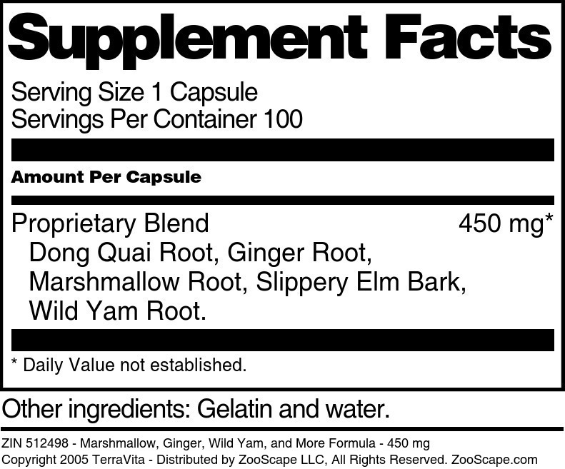 Marshmallow, Ginger, Wild Yam, and More Formula - 450 mg - Supplement / Nutrition Facts
