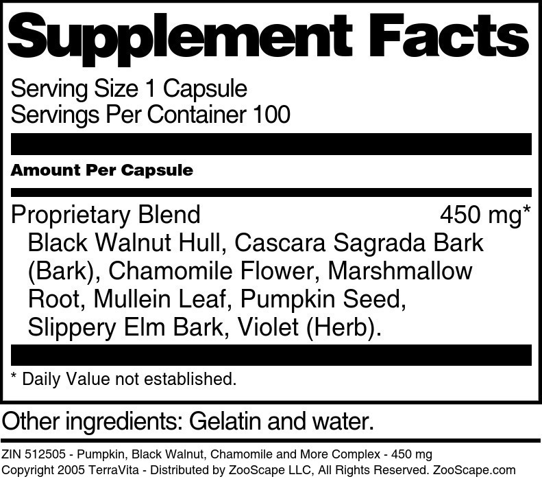 Pumpkin, Black Walnut, Chamomile and More Complex - 450 mg - Supplement / Nutrition Facts