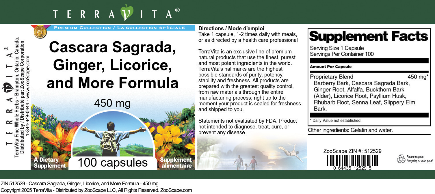 Cascara Sagrada, Ginger, Licorice, and More Formula - 450 mg - Label
