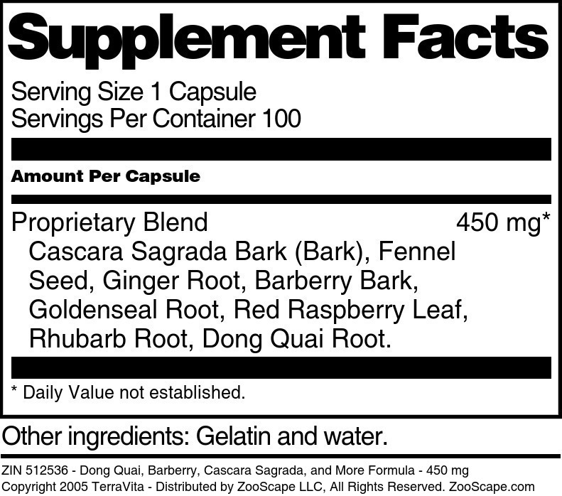 Dong Quai, Barberry, Cascara Sagrada, and More Formula - 450 mg - Supplement / Nutrition Facts