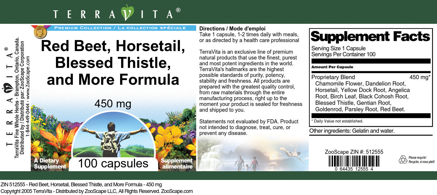 Red Beet, Horsetail, Blessed Thistle, and More Formula - 450 mg - Label