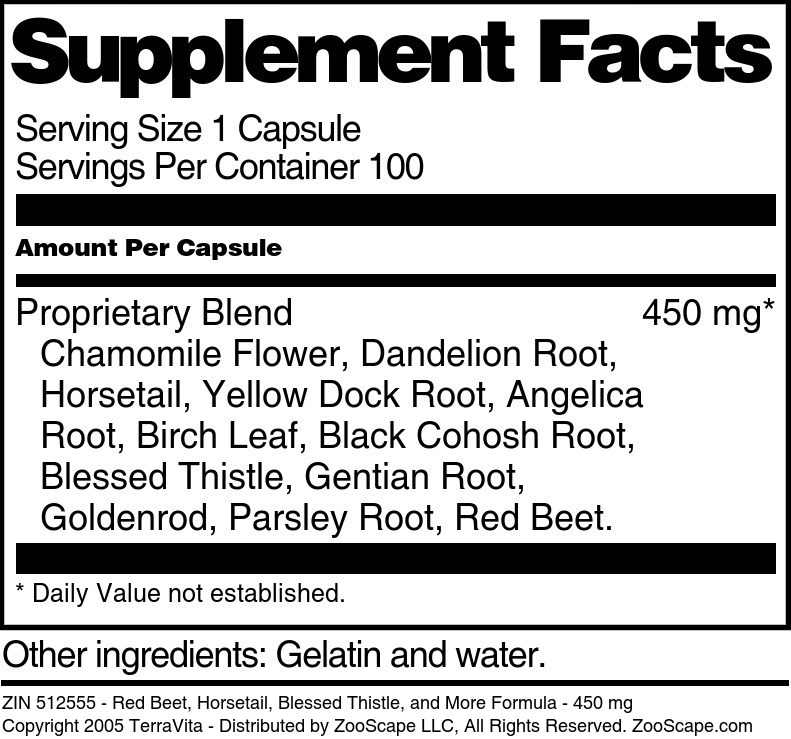 Red Beet, Horsetail, Blessed Thistle, and More Formula - 450 mg - Supplement / Nutrition Facts