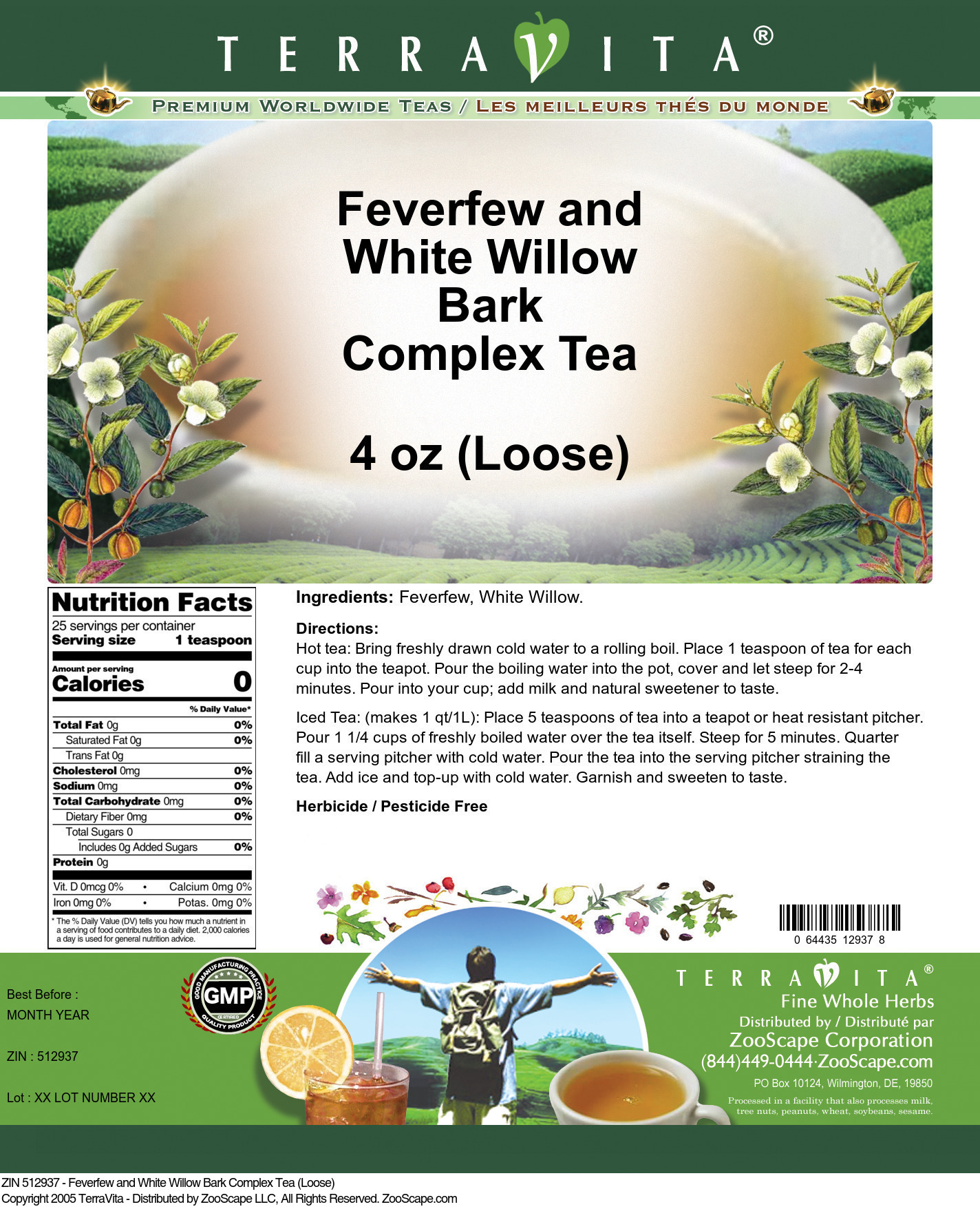 Feverfew and White Willow Bark Complex Tea (Loose) - Label