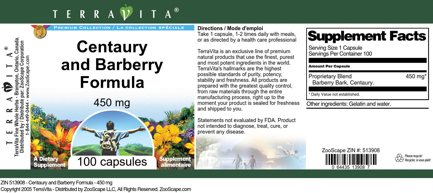 Centaury and Barberry Formula - 450 mg - Label