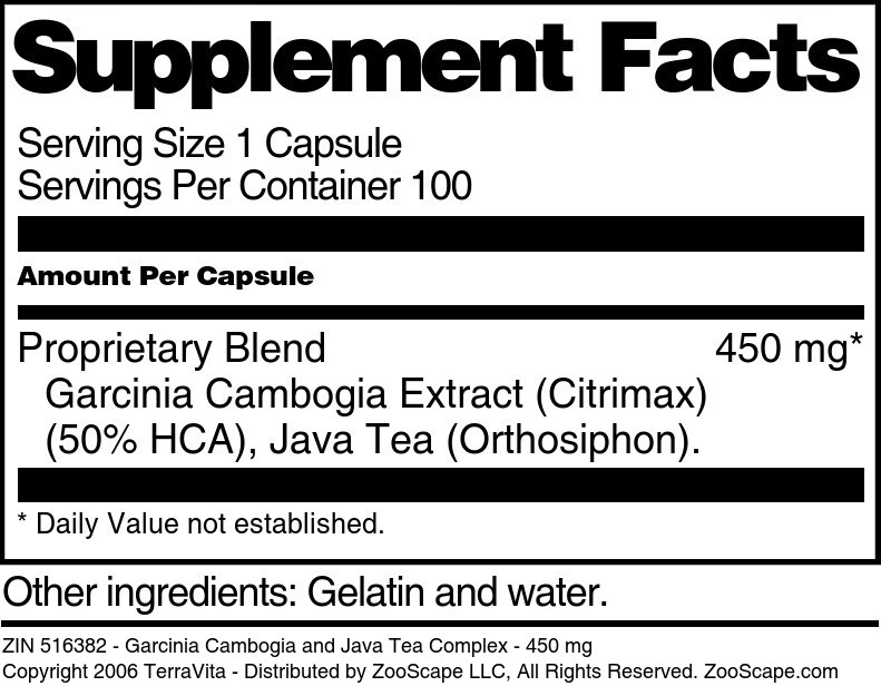 Garcinia Cambogia and Java Tea Complex - 450 mg - Supplement / Nutrition Facts