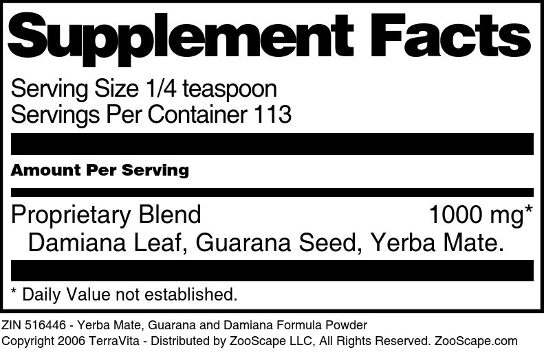 Yerba Mate, Guarana and Damiana Formula Powder - Supplement / Nutrition Facts