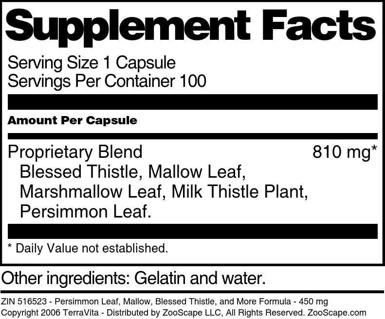 Persimmon Leaf, Mallow, Blessed Thistle, and More Formula - 450 mg - Supplement / Nutrition Facts