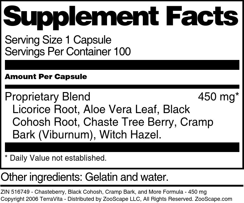 Chasteberry, Black Cohosh, Cramp Bark, and More Formula - 450 mg - Supplement / Nutrition Facts