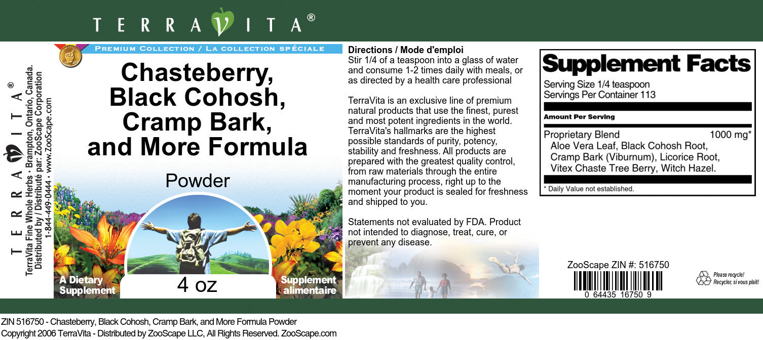Chasteberry, Black Cohosh, Cramp Bark, and More Formula Powder - Label