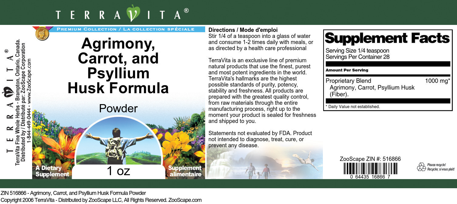 Agrimony, Carrot, and Psyllium Husk Formula Powder - Label