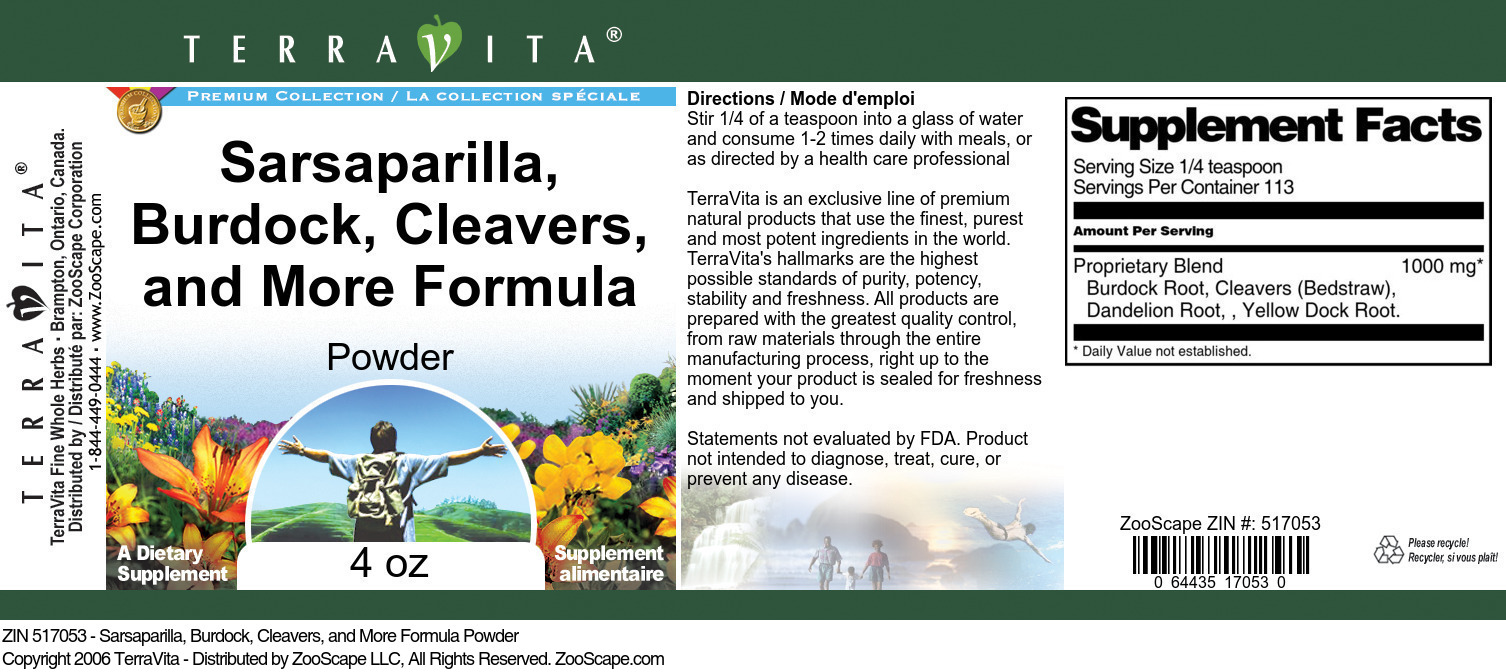 Sarsaparilla, Burdock, Cleavers, and More Formula Powder - Label
