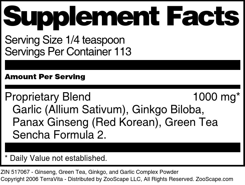 Ginseng, Green Tea, Ginkgo, and Garlic Complex Powder - Supplement / Nutrition Facts