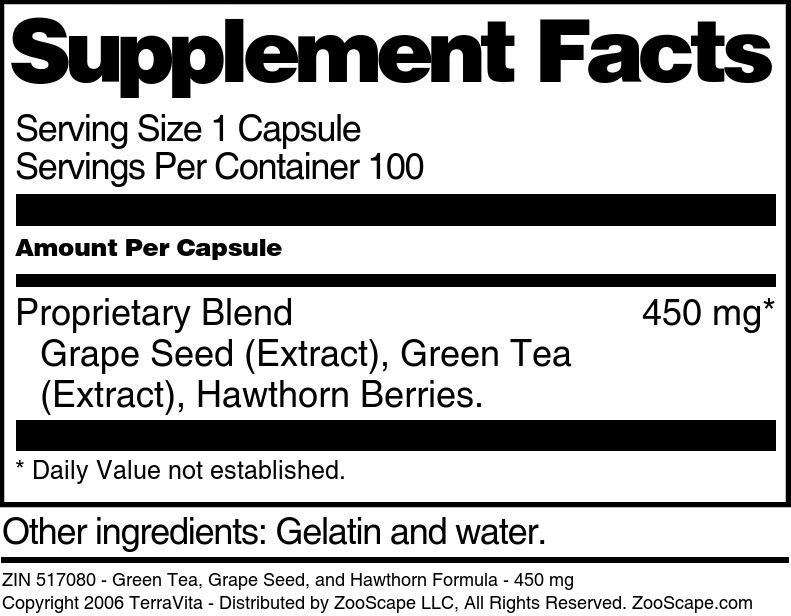 Green Tea, Grape Seed, and Hawthorn Formula - 450 mg - Supplement / Nutrition Facts