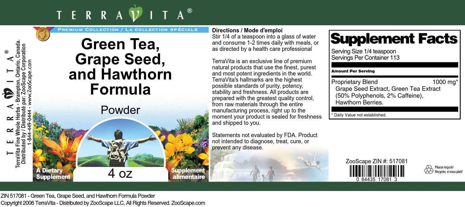 Green Tea, Grape Seed, and Hawthorn Formula Powder - Label
