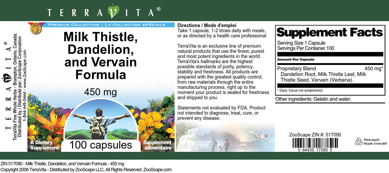 Milk Thistle, Dandelion, and Vervain Formula - 450 mg - Label