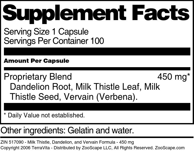 Milk Thistle, Dandelion, and Vervain Formula - 450 mg - Supplement / Nutrition Facts