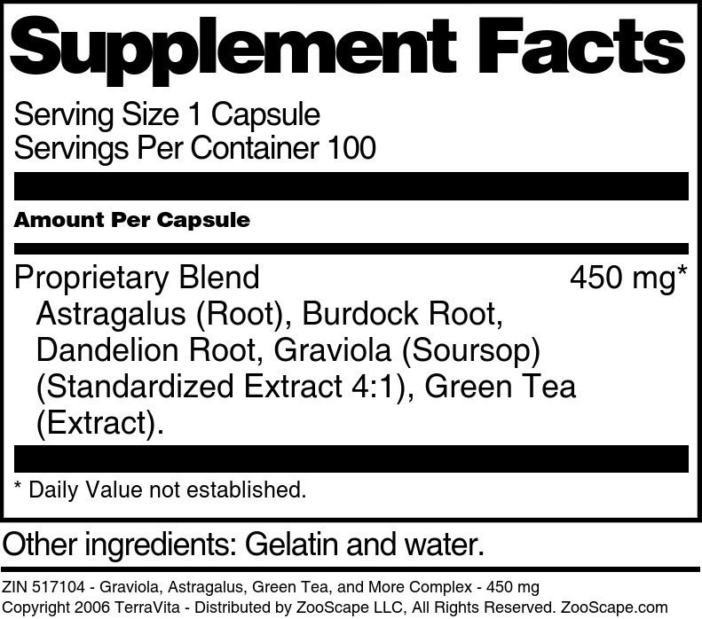 Graviola, Astragalus, Green Tea, and More Complex - 450 mg - Supplement / Nutrition Facts