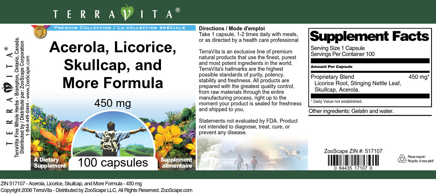 Acerola, Licorice, Skullcap, and More Formula - 450 mg - Label