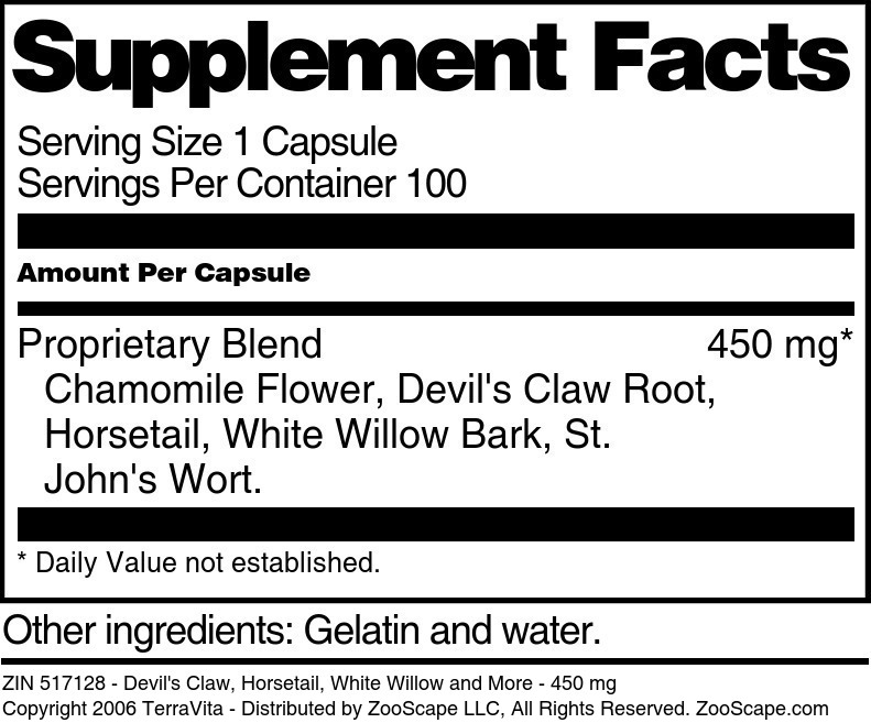 Devil's Claw, Horsetail, White Willow and More - 450 mg - Supplement / Nutrition Facts