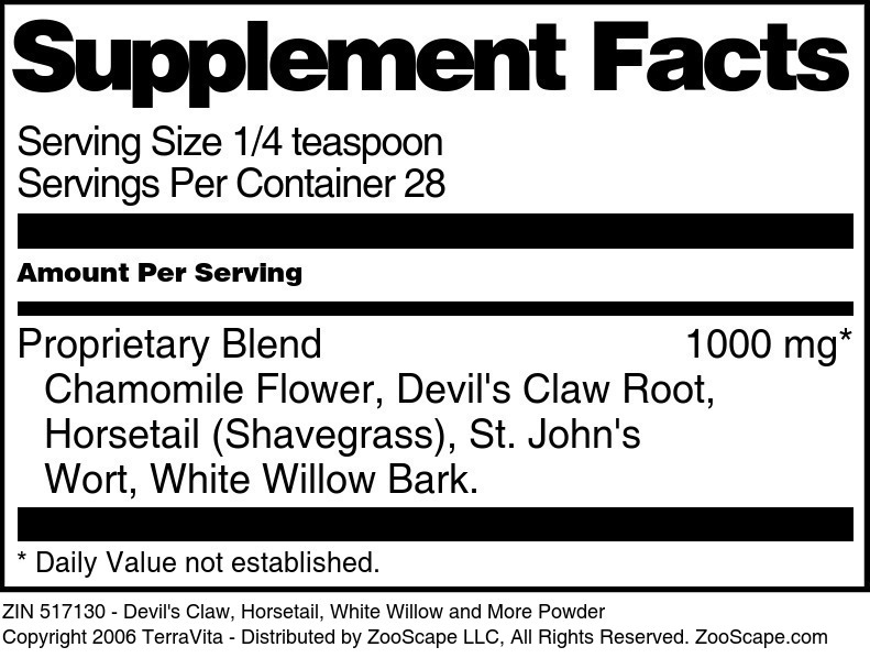 Devil's Claw, Horsetail, White Willow and More Powder - Supplement / Nutrition Facts