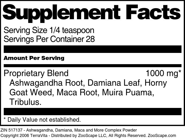 Ashwagandha, Damiana, Maca and More Complex Powder - Supplement / Nutrition Facts