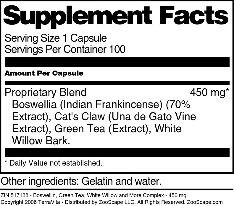 Boswellin, Green Tea, White Willow and More Complex - 450 mg - Supplement / Nutrition Facts