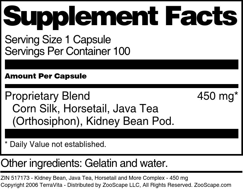 Kidney Bean, Java Tea, Horsetail and More Complex - 450 mg - Supplement / Nutrition Facts