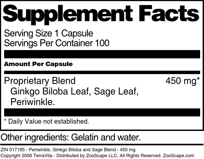 Periwinkle, Ginkgo Biloba and Sage Blend - 450 mg - Supplement / Nutrition Facts