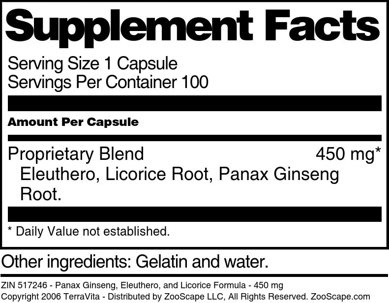 Panax Ginseng, Eleuthero, and Licorice Formula - 450 mg - Supplement / Nutrition Facts