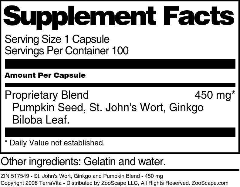 St. John's Wort, Yohimbe and Pumpkin Blend - 450 mg - Supplement / Nutrition Facts