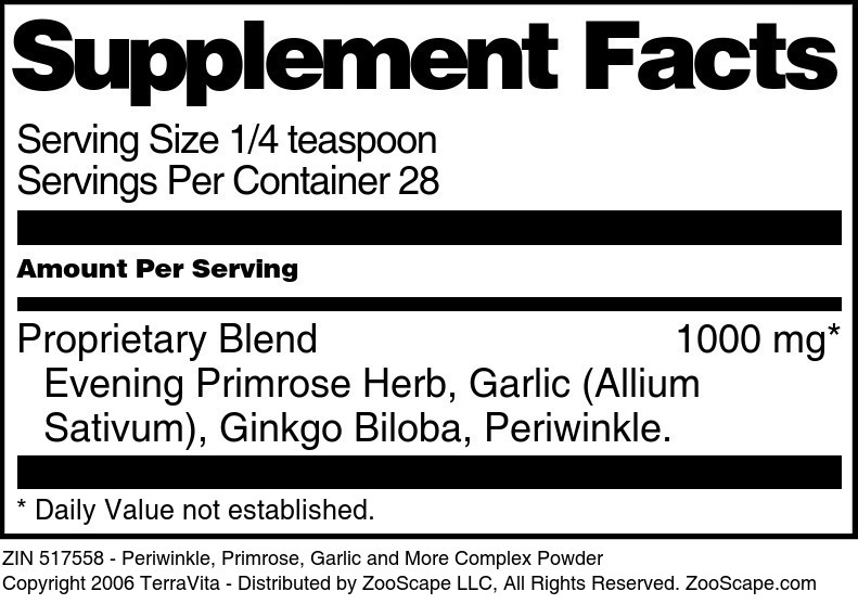 Periwinkle, Primrose, Garlic and More Complex Powder - Supplement / Nutrition Facts