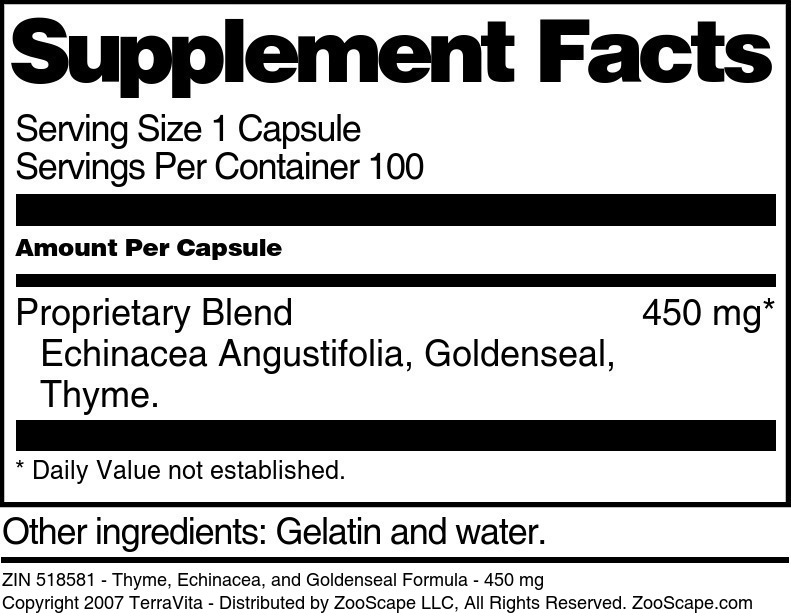 Thyme, Echinacea, and Goldenseal Formula - 450 mg - Supplement / Nutrition Facts