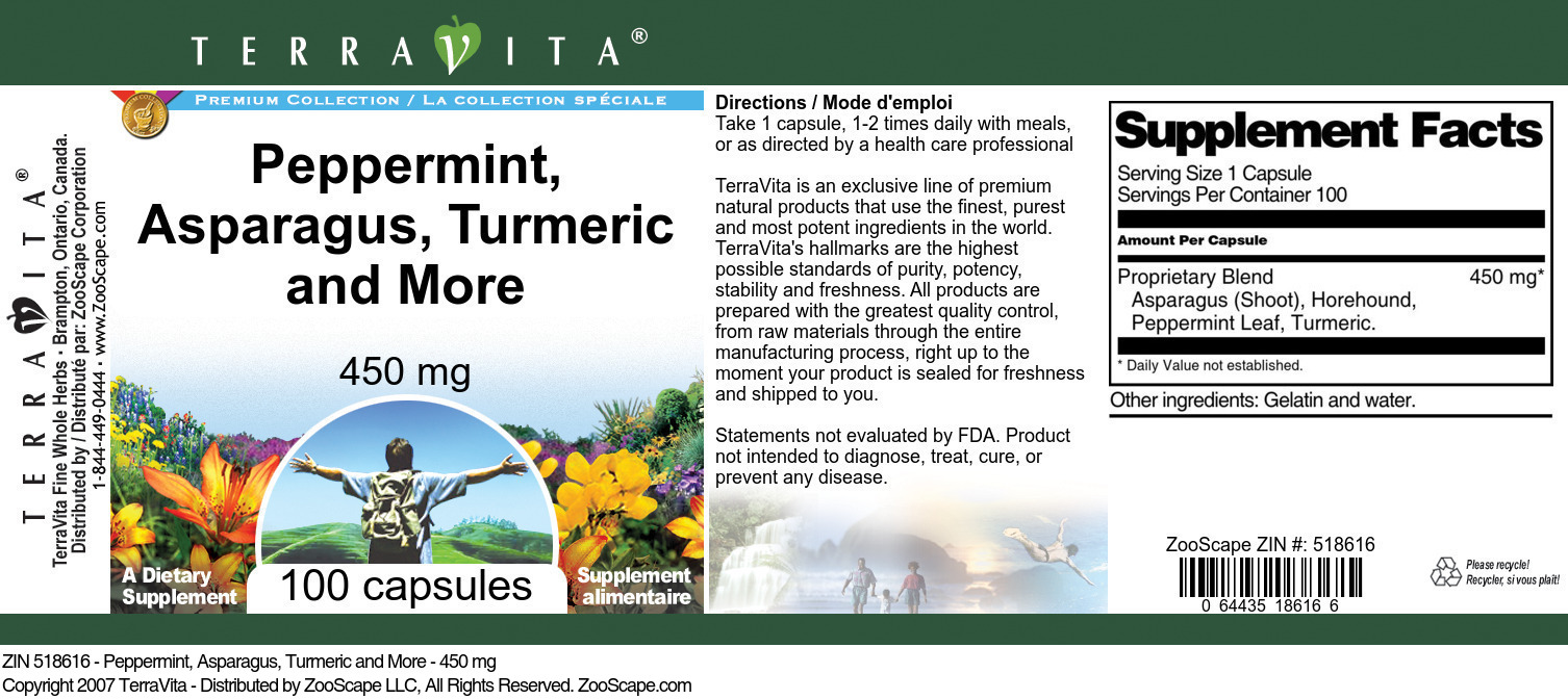 Peppermint, Asparagus, Turmeric and More - 450 mg - Label